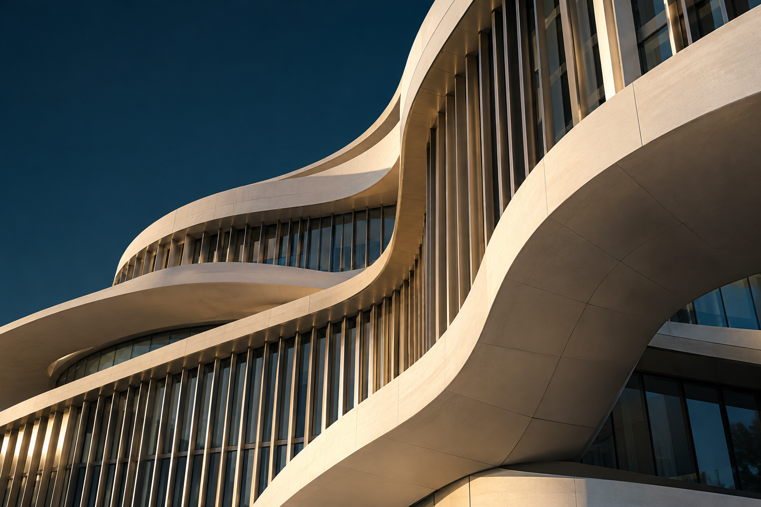 概念建筑视觉：晨光下向上延伸的现代建筑立面